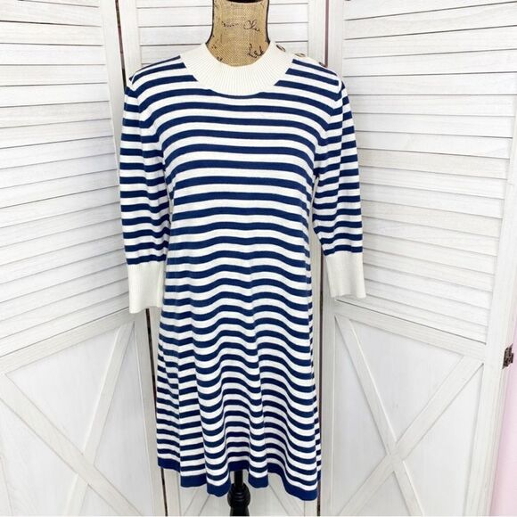 Haley and the Hound Striped Sweater Dress Crew Neck Knit Shift Blue White Medium - Picture 1 of 13